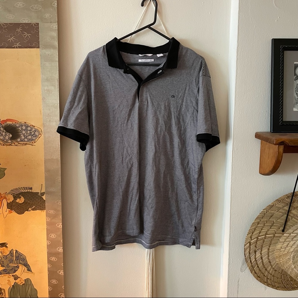 Calvin Klein black and white stripped casual mens t-shirt with two button collar